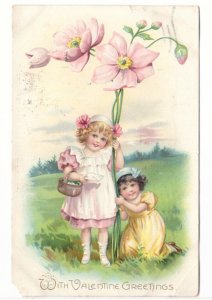 With Valentine Greetings, Girls, 1908 Tuck's Postcard, Floral Missive Series #11