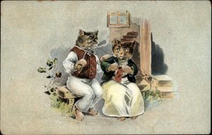 Dressed Cat Fantasy  Married Couple Knitting  & Smoking c1910 Postcard