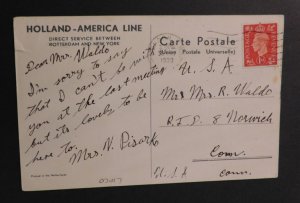 1939 Ship Postcard Cover From London to CT T.S.S. Nieuw Amsterdam.