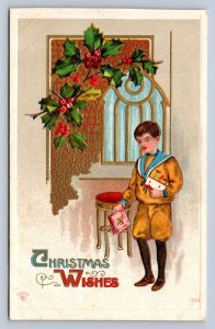 J92/ Merry Christmas Holiday Postcard c1910 Boy Toys Window Gold 221