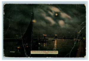 C.1910 Lighthouse Piers Moonlight Night Michigan City Indiana Postcard 2 P94 