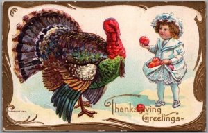 Vintage THANKSGIVING Embossed Postcard Girl Offers an Apple to Doomed Turkey
