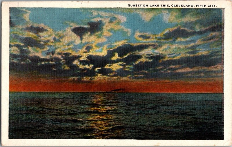SUNSET ON LAKE ERIE, CLEVELAND, OH Vintage Postcard PM Broadacre, OH 1922 KE1