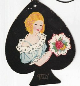 Vtg. Bridge Tally Card - Die Cut Spade Shape Woman w Flower