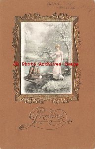 Greeting, Curt Teich, Romance, Couple with Rowboat, Painting Frame