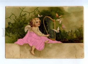 215895 BUTTERFLY Winged ANGEL w/ HARP Vintage SILK Embossed PC