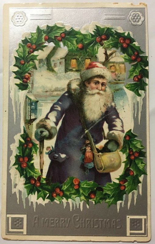 A Merry Christmas 1907 Purple Blue Coat Santa Holly Silver Postcard 