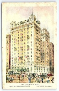 1920s BALTIMORE MD THE SOUTHERN HOTEL LIGHT AND REDWOOD ST ARTIST POSTCARD P2065