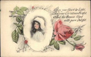 Christmas Pretty Little Girl Rose Border c1910 Vintage Postcard