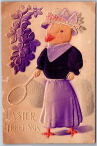 Easter Greetings Embossed Bunny Dressed With Violet? Felt Vintage Postcard