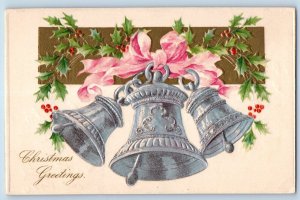 Christmas Postcard Greetings Ringing Bells Holly Berries Nash Embossed c1905