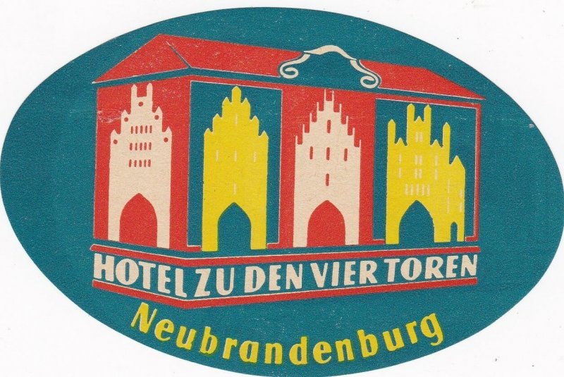 Germany Neubrandenburg Hotel Zu Den Vier Toren Vintage Luggage Label sk3212