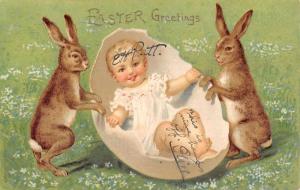 Easter Greeting Bunnies With Baby In Egg Antique Postcard K23919