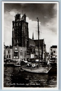 Nethderlands Postcard Dordrecht Bomkade Tower of Grote Kerk 1950 RPPC Photo