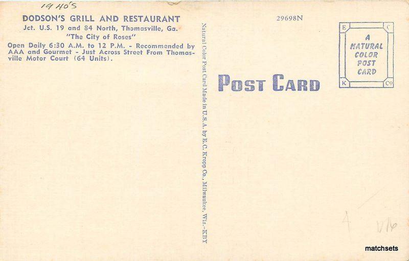 1940s Thomasville Georgia Dodson's Grill Restaurant Kropp linen postcard 6480