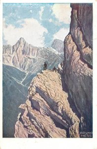 Austria Planspitze climbers against north wall artist Bruno Hess 1925