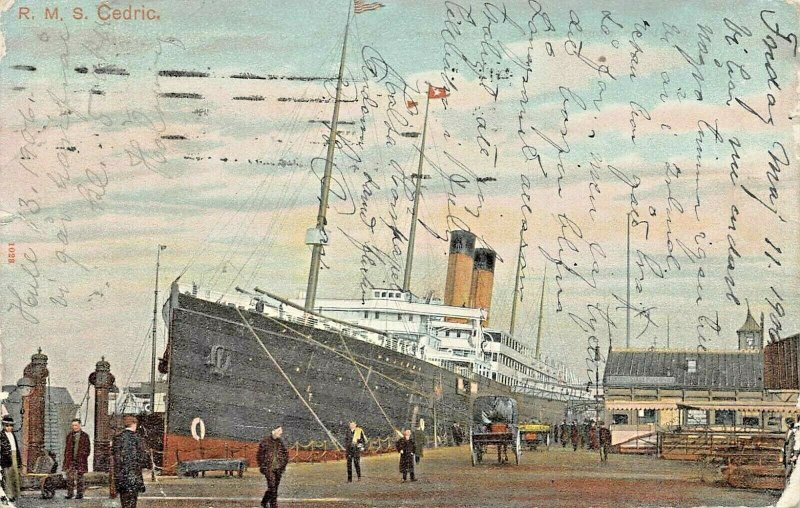 R M S CEDRIC STEAMERSHIP AT PORT-1906 POSTCARD