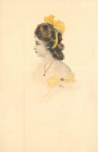 Postcard C-1910 Pretty woman yellow ribbon bow #2620 23-11750