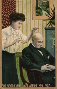 Vintage Postcard 1910'S Lovers Couple Picking Hairs He Loves Me He Loves Me Not