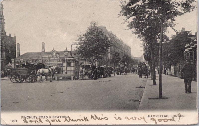 Finchley Road & Station Hampstead London England UK c1904 Antique Postcard D37