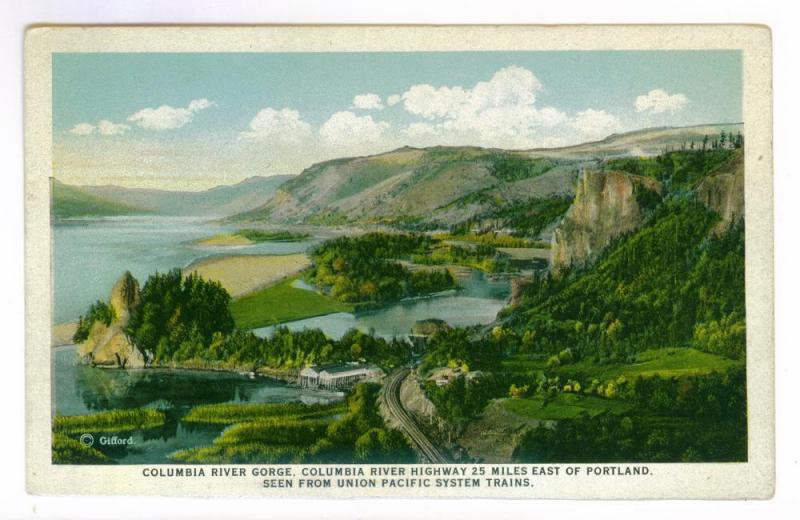 Columbia River Gorge & Highway East of Portland, Union Pacific Trains Postcard