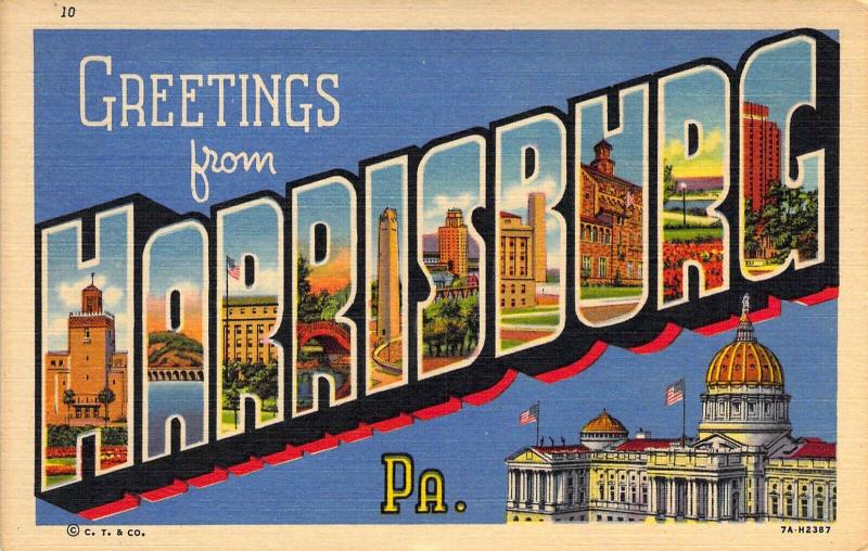 Linen Era,Large Letter,Greetings From Harrisburg, Pa, Old Postcard