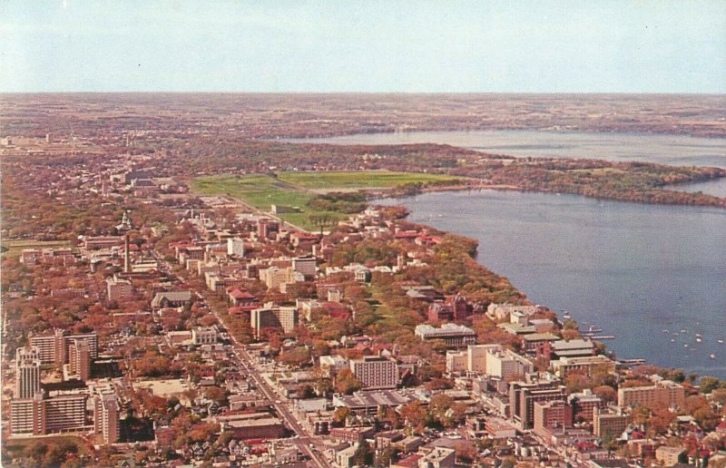 University of Wisconsinand Lake Aerial View Madison WI Vintage Postcard