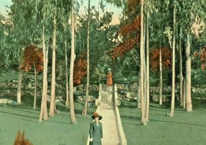 Postcard Antique View of Women Walking Busch's Sunken Gardens , Pasadena, CA.