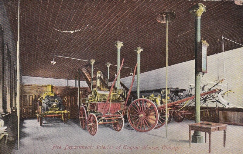 1910 Chicago IL Fire engine House Interior Showing Apparatus Postcard