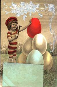 YOUNG GIRL W/ HAMMER~LARGE COLORED EGGS~ENVELOPE & NOTE~EASTER GREETING POSTCARD