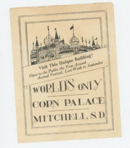 1930's-40's Corn Palace Mitchell, SD Festival Luggage Sticker Label EVN2