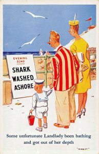 SHARK WASHED ASHORE~LANDLADY BATHING BEYOND HER DEPTH- A/S COMIC POSTCARD