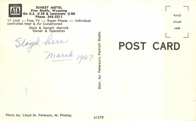 PINE BLUFFS, WY Wyoming  SUNSET MOTEL~Merricks  LINCOLN HIGHWAY Laramie Co 1967