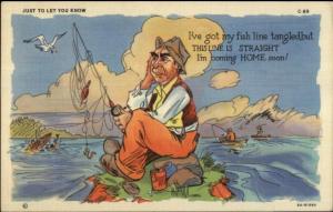 Curt Teich Linen Fishing Comic Guy w/ Tangled Line Linen Postcard