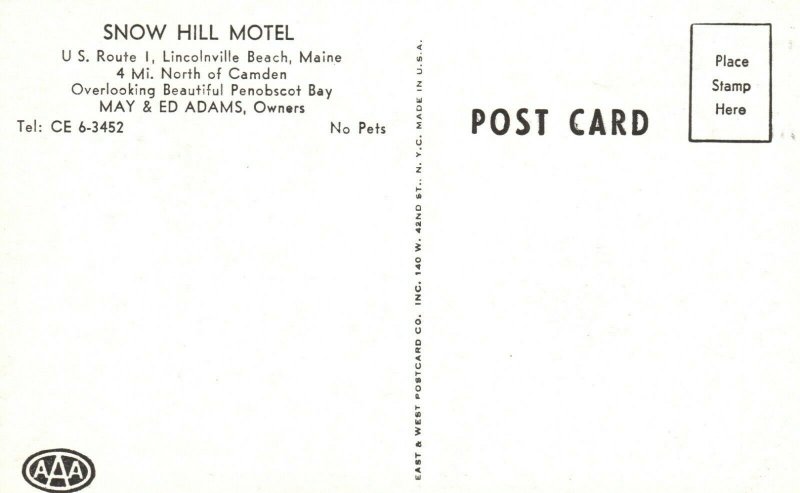 Vintage Postcard Snow Hill Motel US 1 Lincolnville Beach ME Maine Penobscot Bay