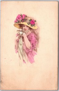 Pretty Lady In Pink Costume & Pink Flower Hat Posted Postcard