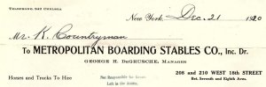 1920 METROPOLITAN BOARDING STABLES CO NEW YORK WEST 18th  BILLHEAD INVOICE Z4045