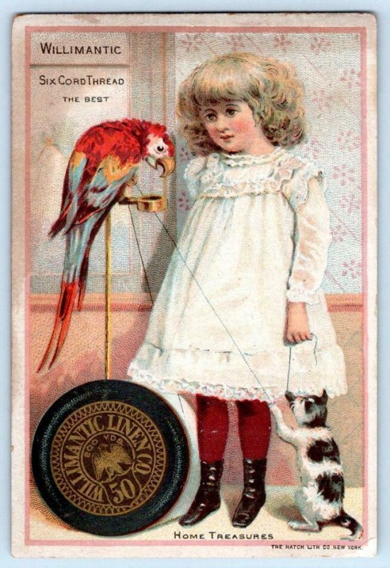 WILLIMANTIC THREAD PARROT KITTEN CAT GIRL HATCH LITHO CO VICTORIAN TRADE CARD