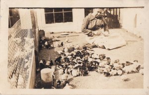 RPPC Postcard Farm Scene Woman Barnyard holding chicks