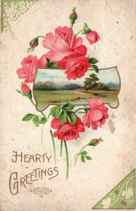 Vintage Postcard 1910 A Hearty Greetings View of Field Trees Mountains Flowers