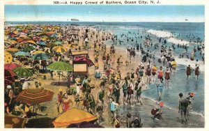 Vintage Postcard 1937 Happy Crowd Of Bathers Ocean City New Jersey J. L. Cone