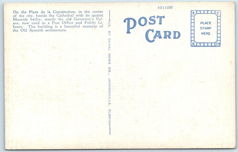 c1940s St. Augustine, FL Post Office Plaza de la Constitution Roadside Fla. A219