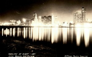 C.1910 RPPC Downtown Long Beach, California At Night Real Photo Postcard G3