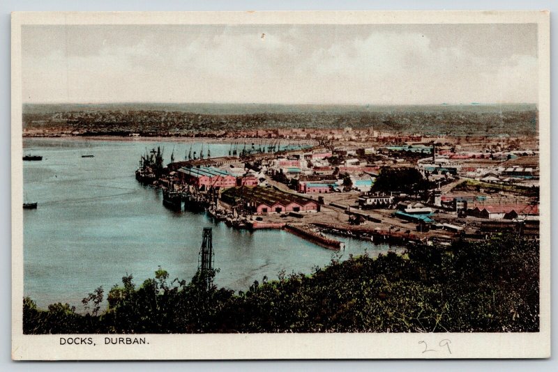 Durban South Africa~Birdseye Panorama~Shipping Docks~City Skyline~1920s Postcard 