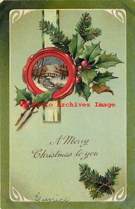 Christmas, PFB No 7137GB-2, Wooden Bridge Winter Scene in Red Frame, Holly