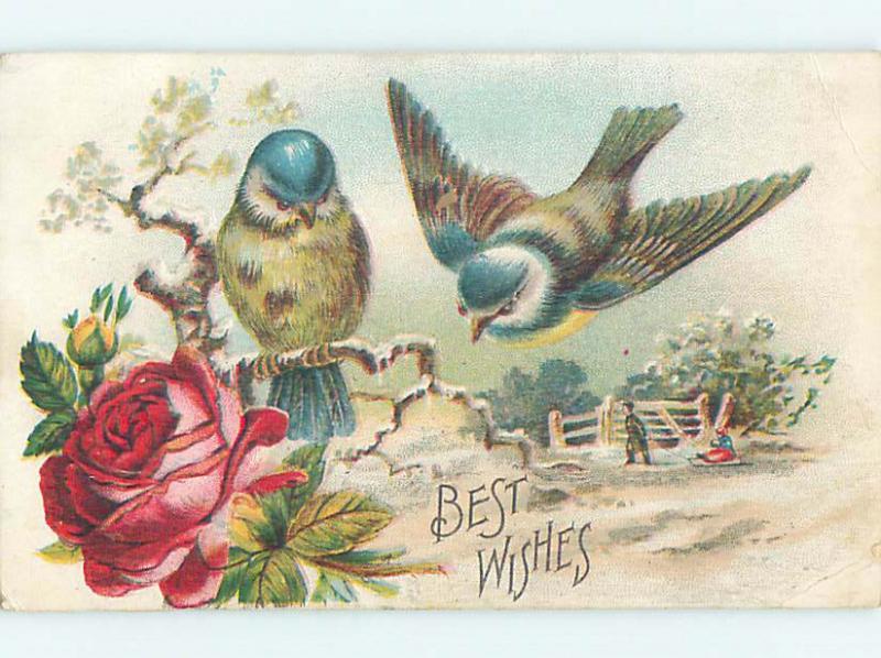 Pre-Linen BEAUTIFUL LARGE BIRDS WITH TOBOGGAN SLED SCENE HJ4459