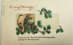 Vintage Postcard 1920 A Merry Christmas Basket for of Holly Sequins