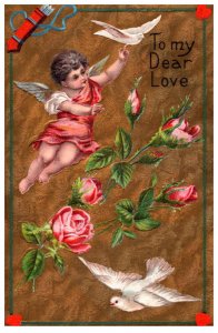 Valentine    Flying Cherub, Dove Arrows, Roses