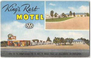 Billings, Montana KING'S REST MOTEL Roadside Linen Vintage Postcard 1940s