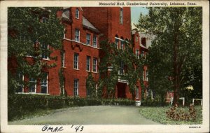 Lebanon Tennessee TN Cumberland University Memorial Hall Vintage Postcard